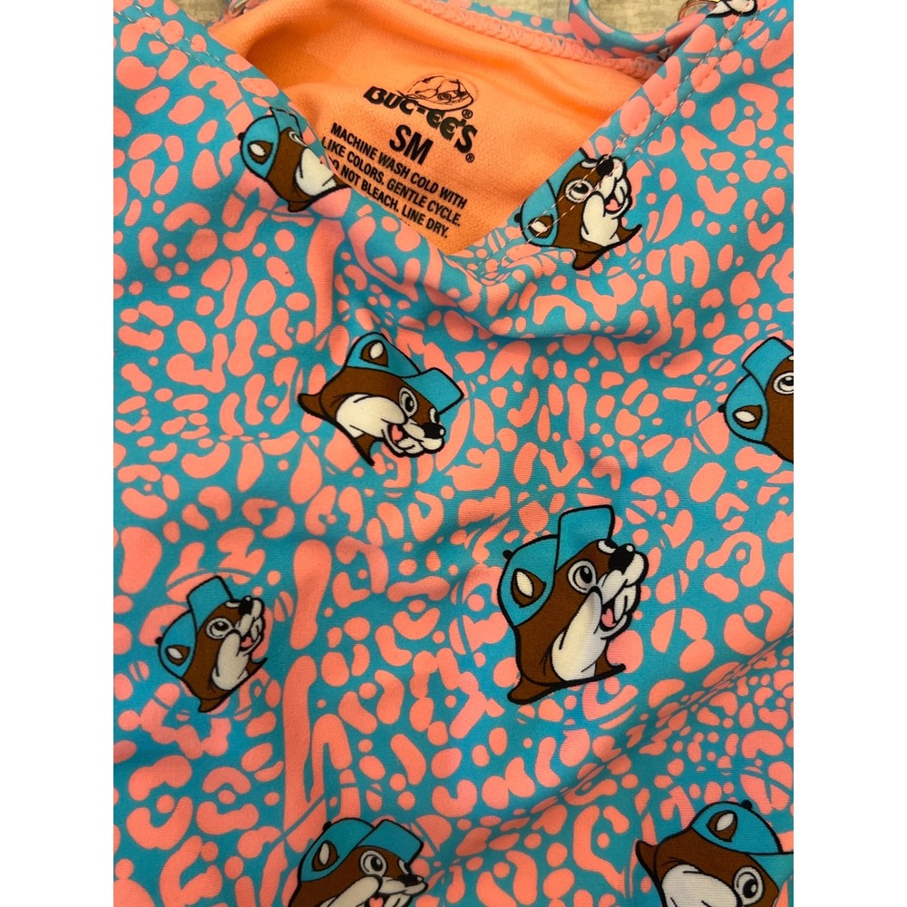 Buc-ee's Womens One Piece Swimsuit Pink Blue Leopard Beaver Print Size Small SM